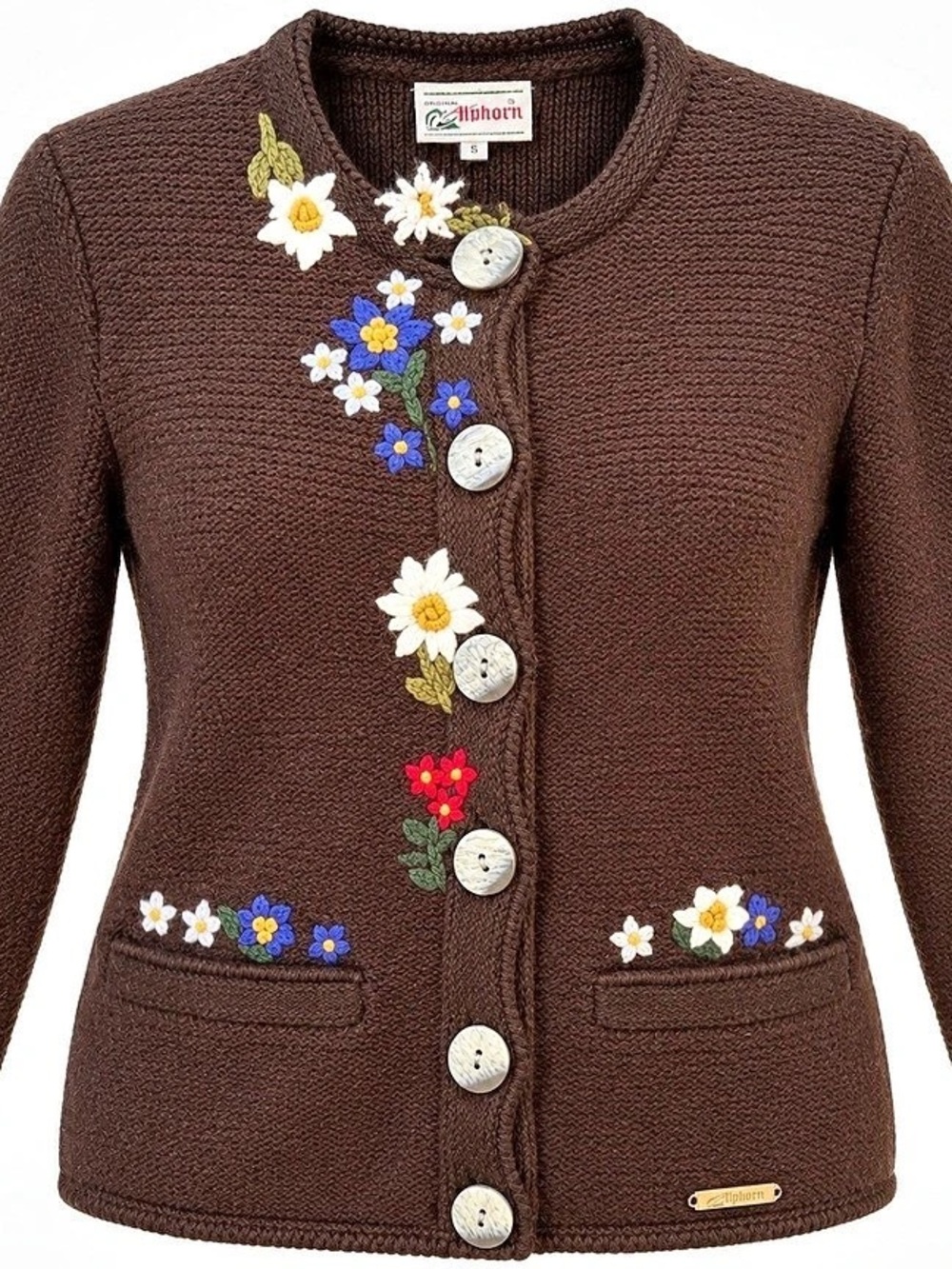 Vintage Alphorn Women's Cardigan Small Brown Wool Blend Floral Embroidered